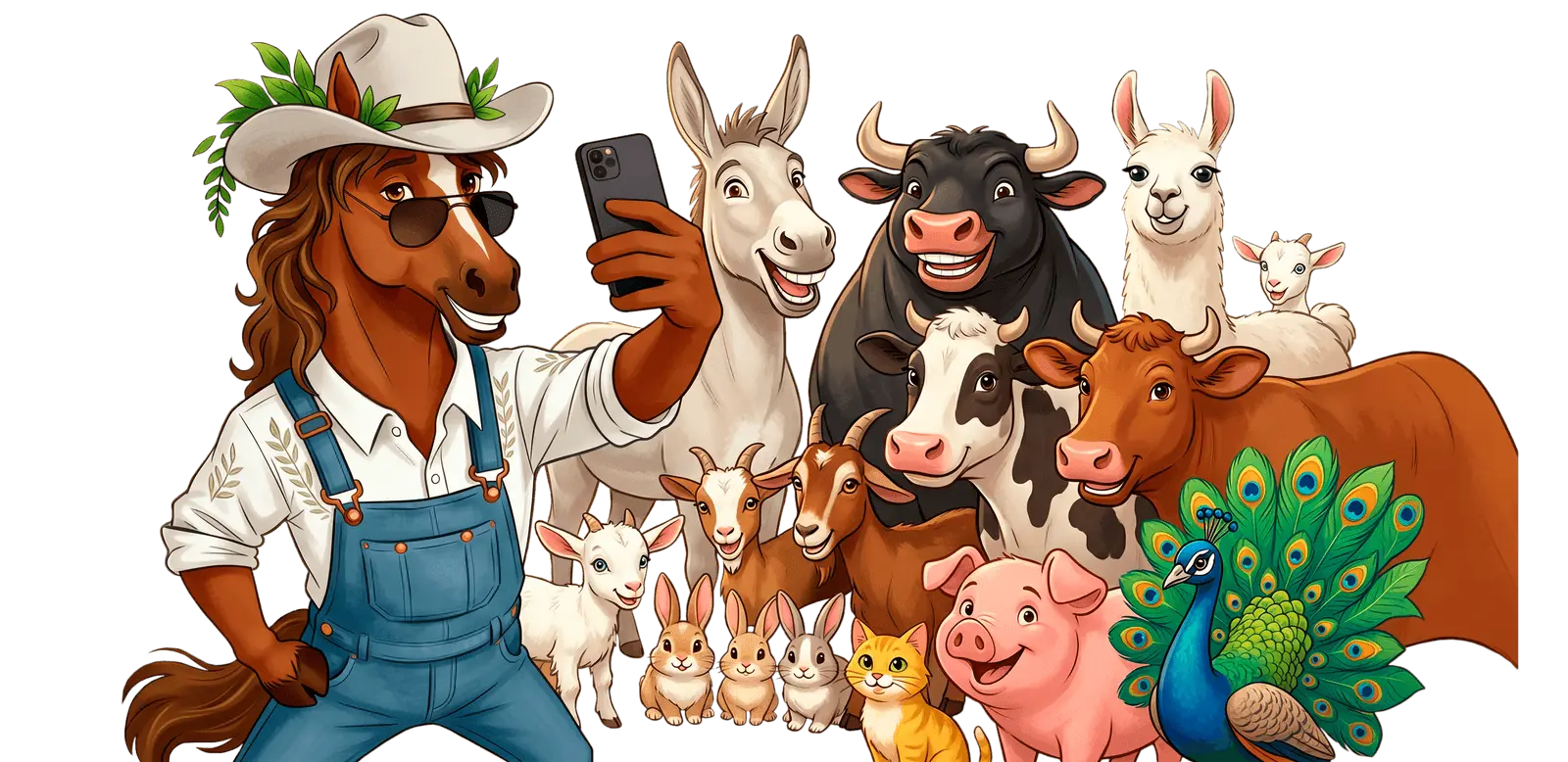 Don Juan tomándose una selfie con todos los animales de la Ecogranja Villa Juan